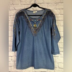 Vintage Copa Cabana Fringed Western Style Denim Shirt